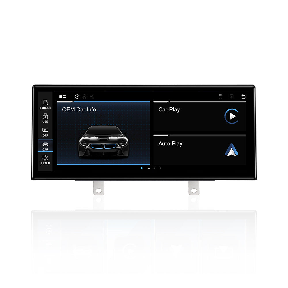 Car infotainment system with OEM, CarPlay, and Auto-Play.