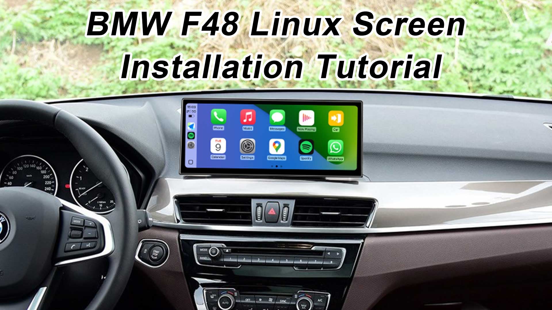 A Linux screen with Apple CarPlay installed in the dashboard of a BMW F48, serving as the cover image for a guide on resolving no sound or audio distortion issues.