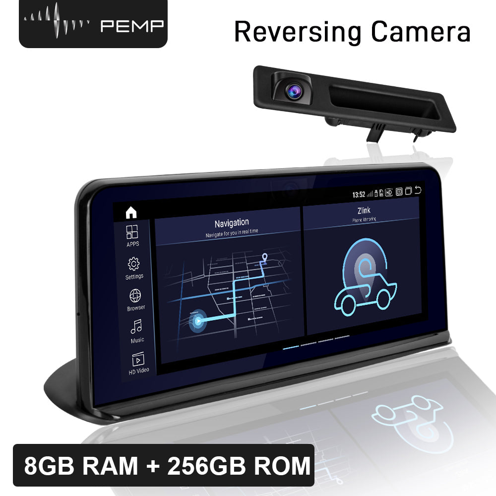 An aftermarket screen upgrade for a BMW X5 F15, with a reversing camera and a CarPlay-style interface.
