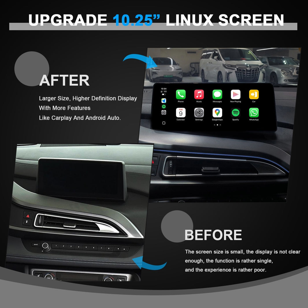 Before and after of a BMW screen upgrade, replacing the small factory display with a large 10.25-inch screen featuring Apple CarPlay.