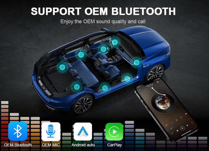 An infographic illustrating how a Linux car system enables high-quality audio streaming through the factory OEM Bluetooth. It shows a smartphone connected to the car's speakers and includes icons for OEM MIC, Android Auto, and CarPlay.