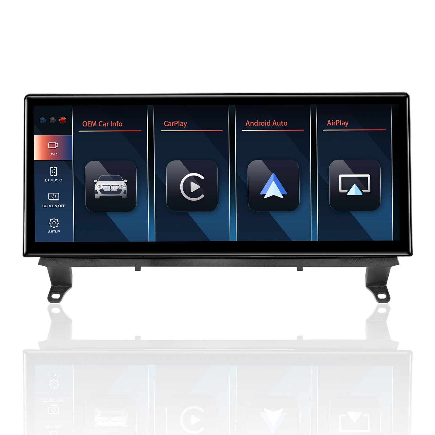 The user interface of a Linux-based infotainment system for BMW, showing the main menu with CarPlay, Android Auto, and OEM Car Info, enabling audio and calls via OEM Bluetooth.