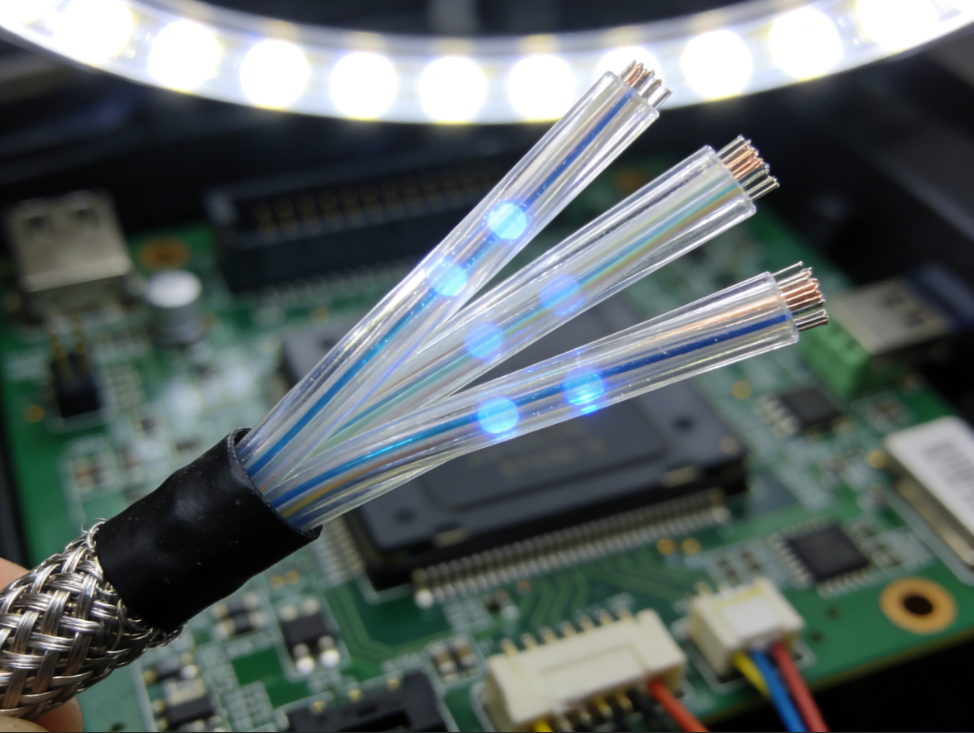 Shielded cable wires with copper ends on circuit board.