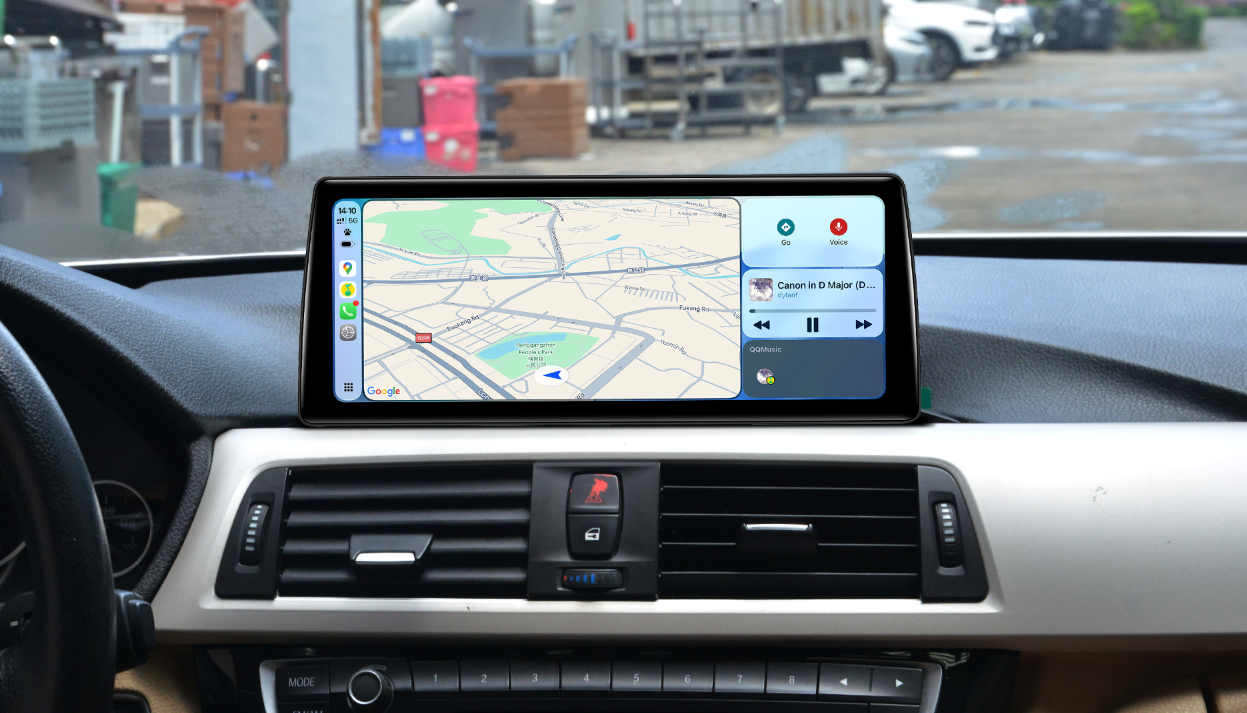 BMW split-screen showing navigation map and music controls