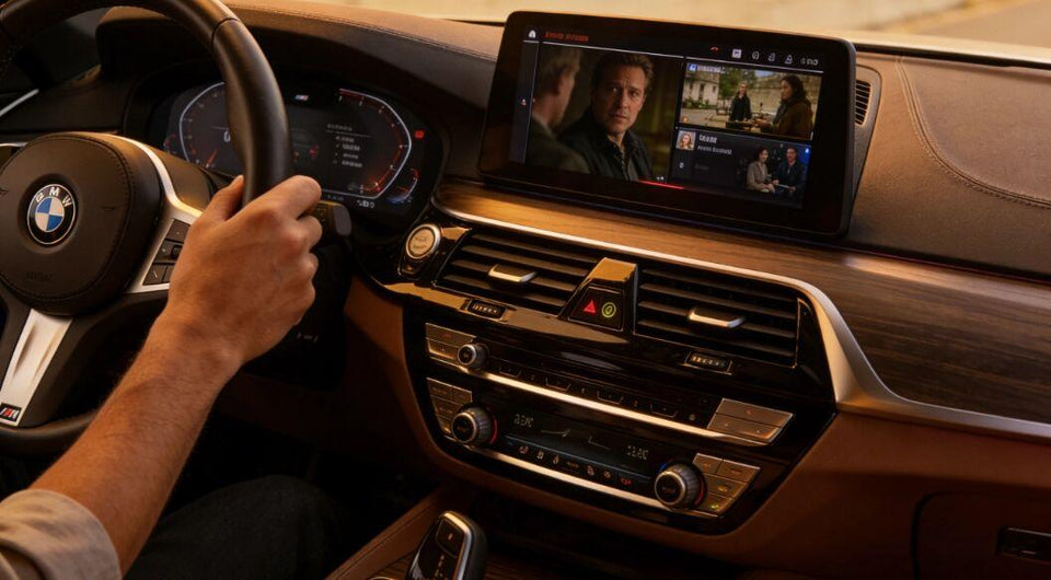 BMW car screen displaying a movie with a hand on the steering wheel