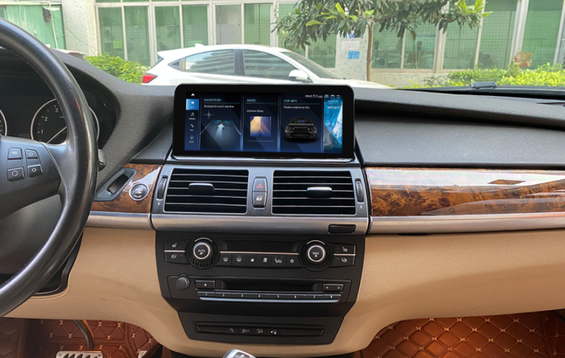 BMW interior dashboard with upgraded widescreen Android navigation display