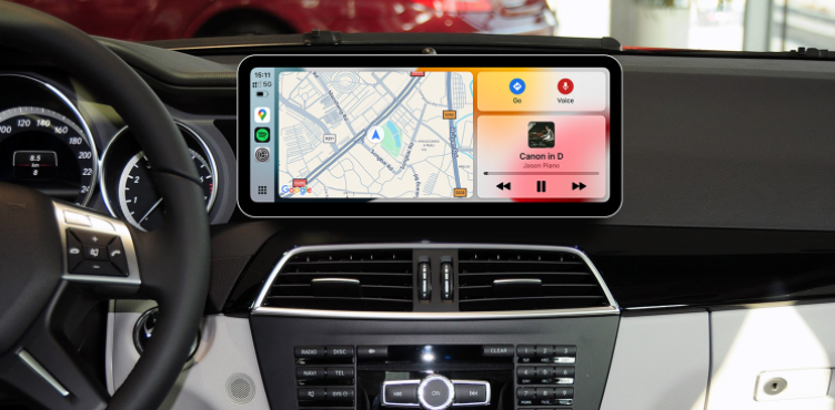 Mercedes CarPlay retrofit screen showing Google Maps and music