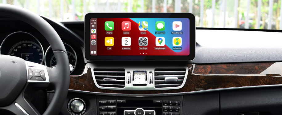 Mercedes E-Class W212 dashboard with 12.3-inch CarPlay touchscreen upgrade