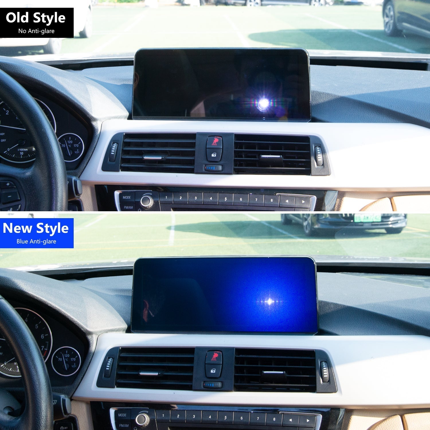 A before-and-after comparison of a standard BMW screen with heavy glare and a new blue anti-glare screen.