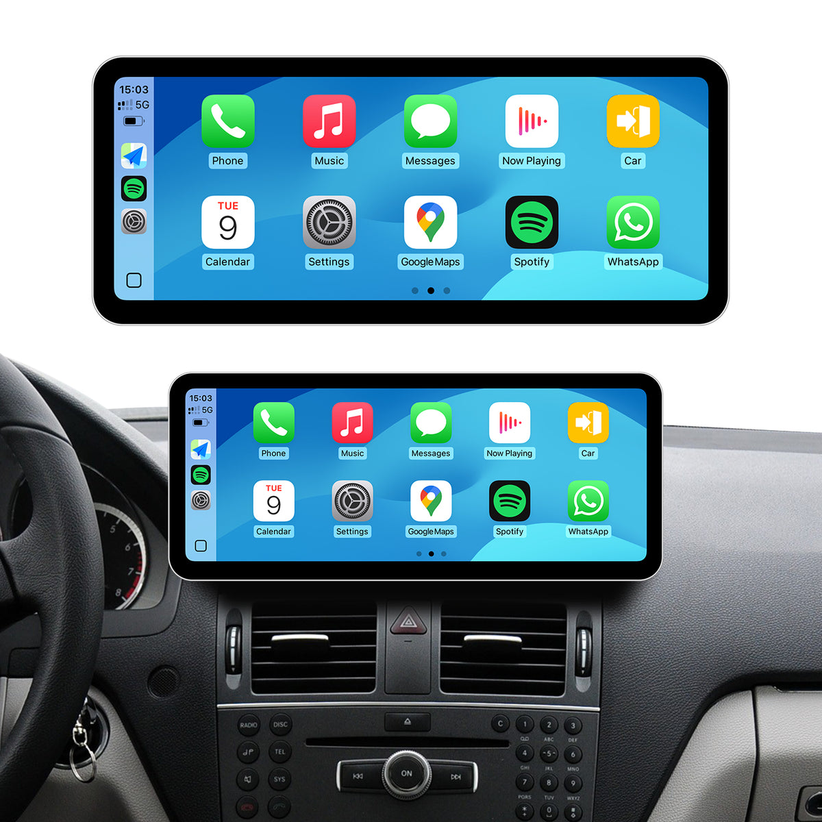 PEMP (SL02) 12.3" Ultra-Narrow CarPlay Screen for Mercedes-Benz C-Class W204 (2008-2010) NTG 4.0 Linux OS 1920*720 Touchscreen Support Wireless CarPlay Android Auto Mirror Link Using OEM Bluetooth Call Music