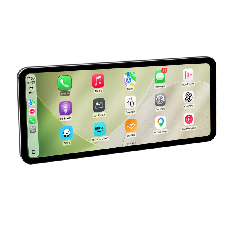 PEMP ultra-thin car multimedia screen showing navigation and CarPlay/Android Auto music interface.