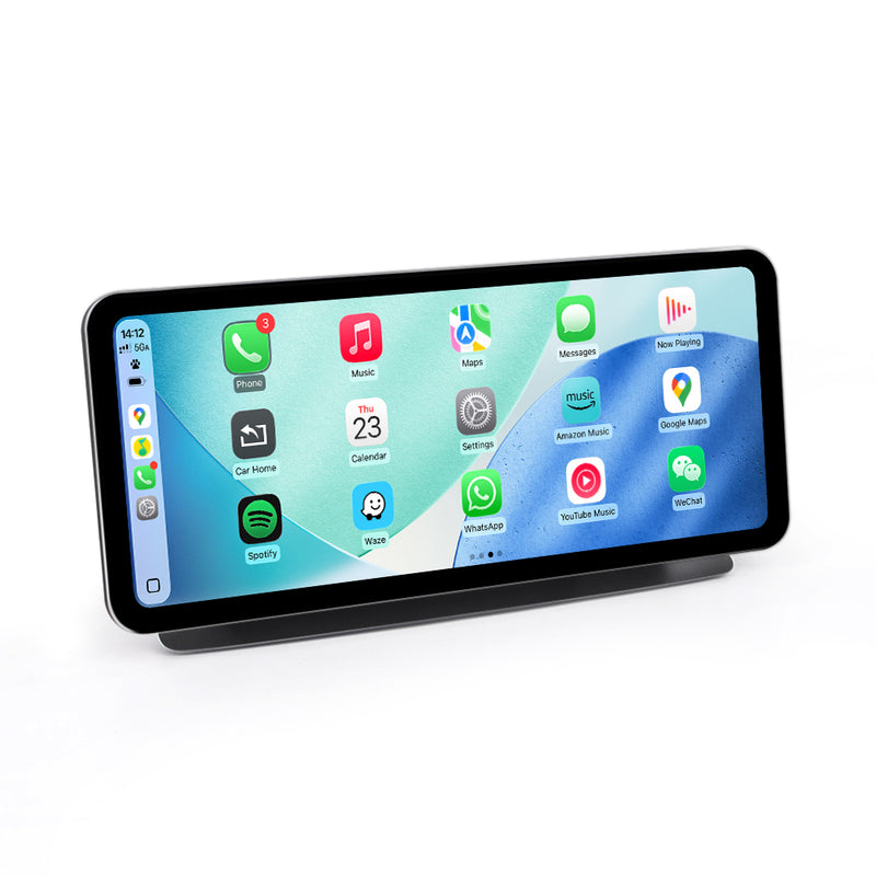 Portable touchscreen car stereo display with Apple CarPlay apps on black screen