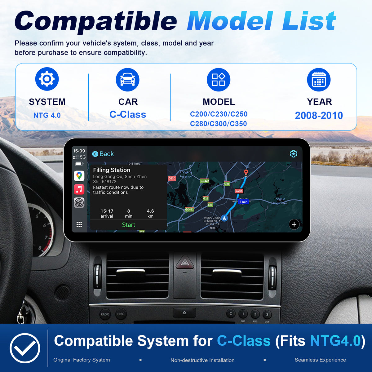 PEMP (SL02) 12.3" Ultra-Narrow CarPlay Screen for Mercedes-Benz C-Class W204 (2008-2010) NTG 4.0 Linux OS 1920*720 Touchscreen Support Wireless CarPlay Android Auto Mirror Link Using OEM Bluetooth Call Music