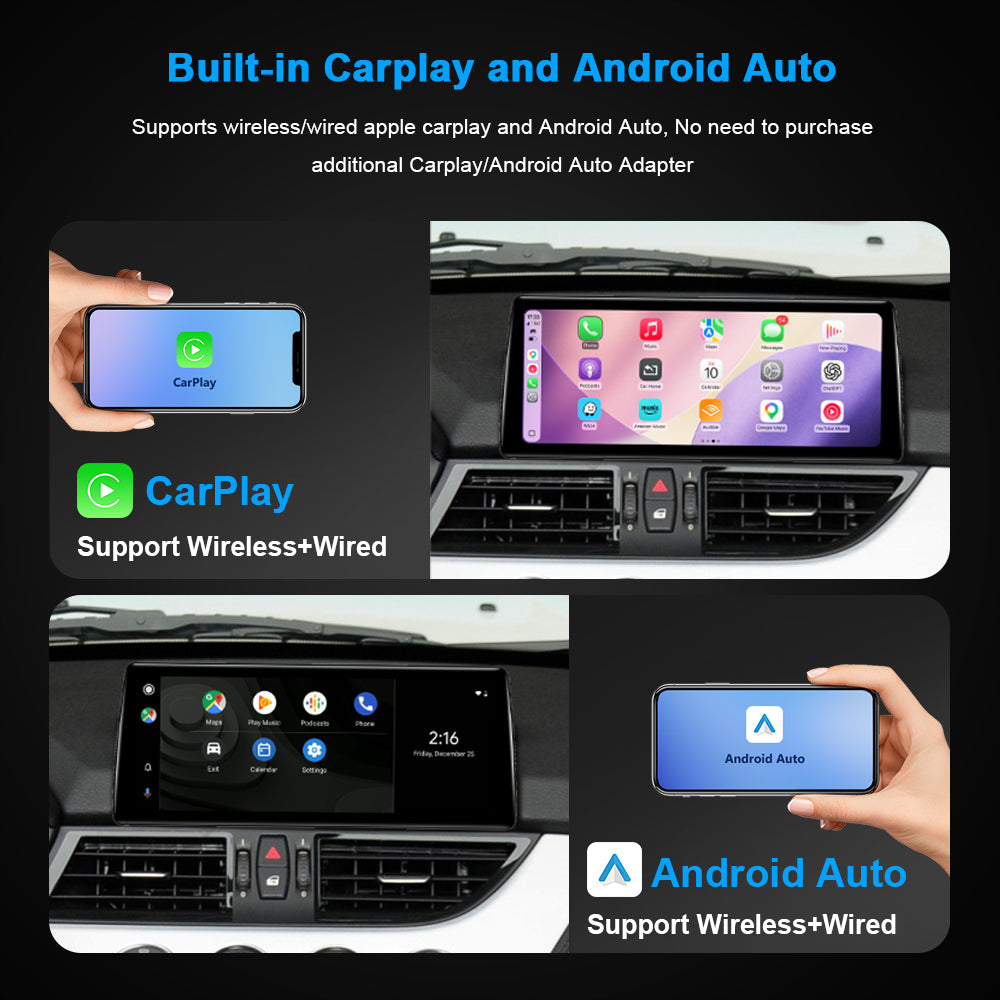 Car head unit screen supporting wireless and wired Apple CarPlay and Android Auto
