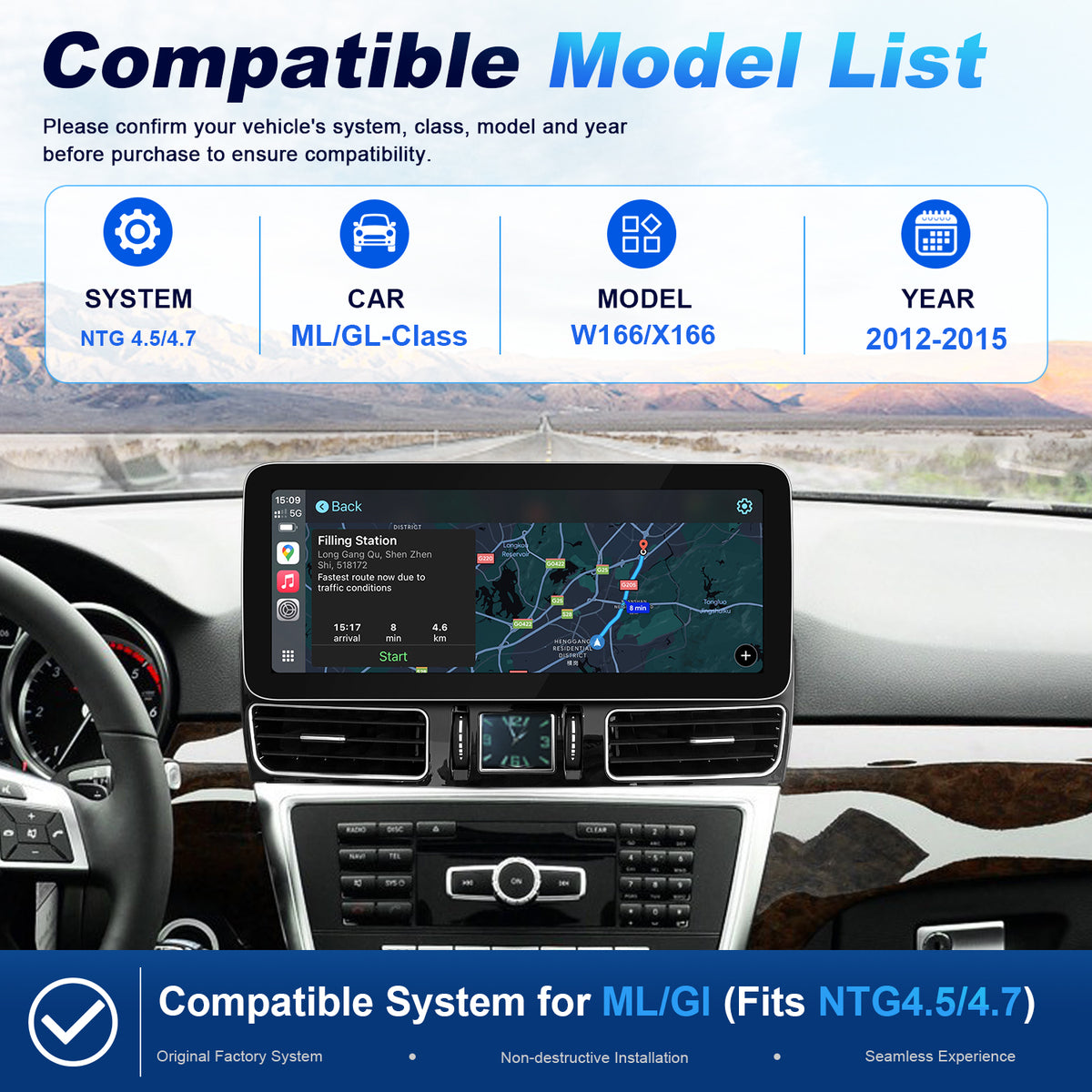 PEMP (7L15) W166 X166 12.3-inch 1920 x 720 Linux Car Radio Multimedia Screen CarPlay Android auto, for Mercedes Benz ML GL Class NTG4.5 Using OEM Bluetooth Call Music 2012-2015