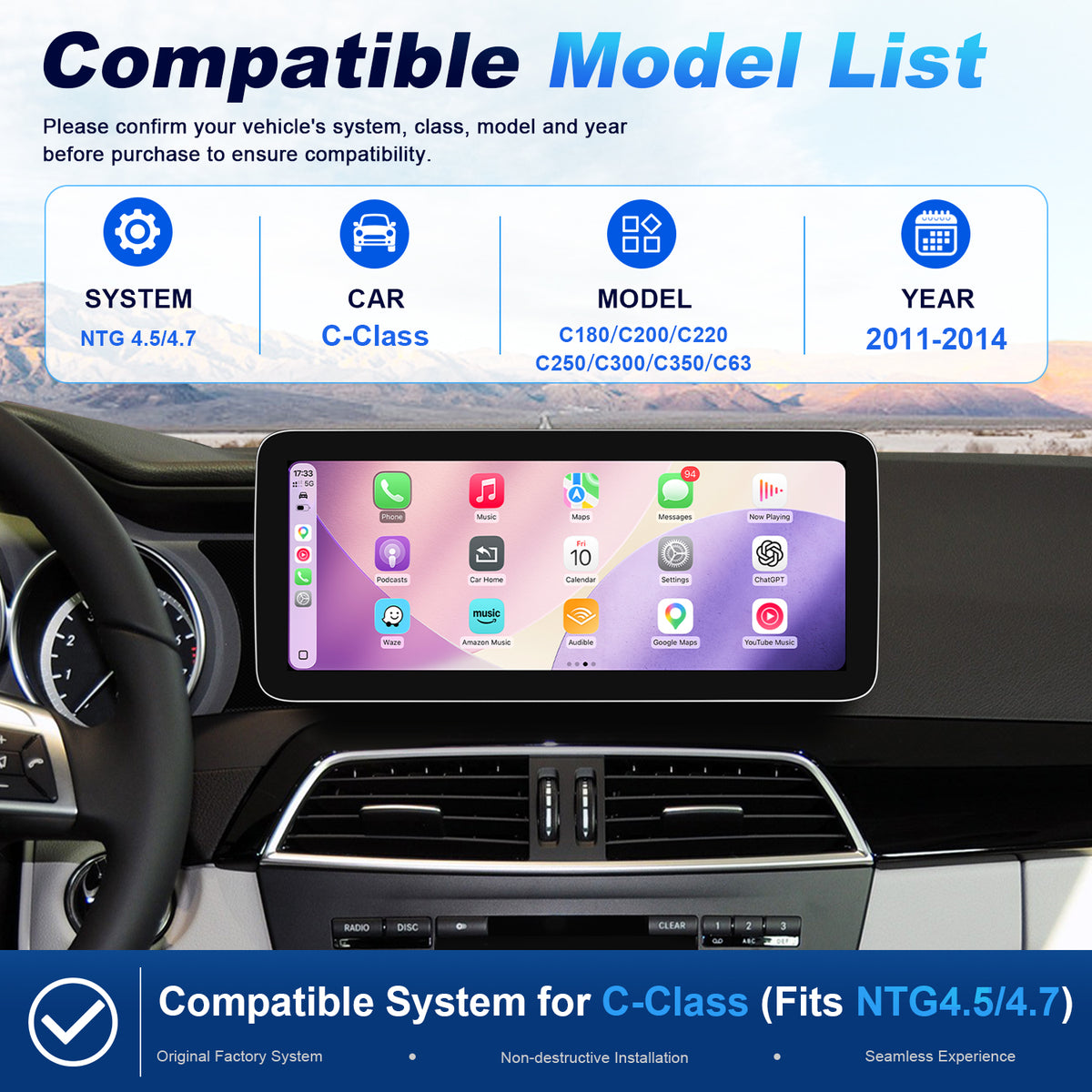 PEMP (7L12) 12.3" CarPlay Screen for Mercedes-Benz C-Class W204 2011-2014 NTG 4.5/4.7 Linux OS 1920*720 Touchscreen Wireless CarPlay Android Auto Using OEM Bluetooth Call Music