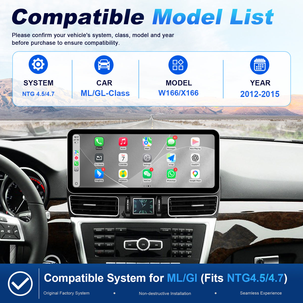 PEMP (SL15) Ultra-Thin 12.3" 1920 x 720 Linux Car Radio Multimedia Screen for 2012-2015 ML GL W166/X166 NTG 4.5 System, Support Wireless CarPlay Android Auto Using OEM Bluetooth Call Music