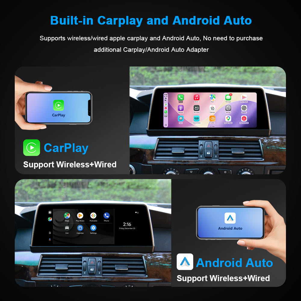 Built-in CarPlay and Android Auto car stereo screen, wireless and wired support