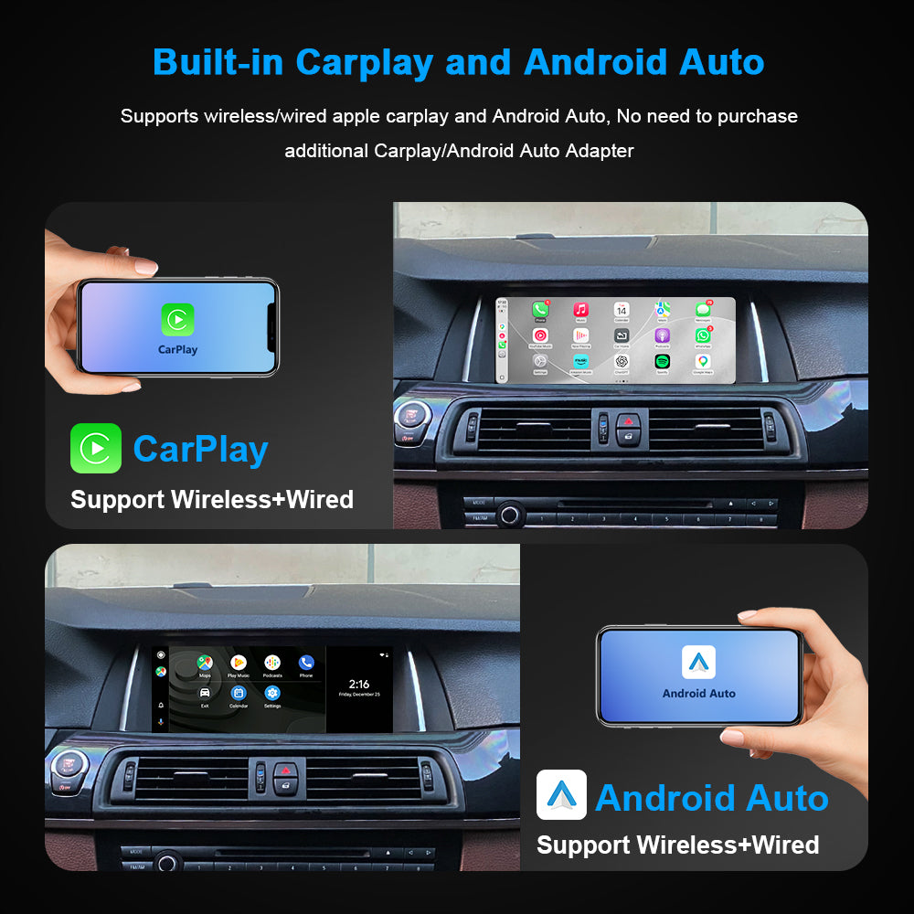PEMP retrofit screen for BMW F10: Built-in wireless/wired CarPlay & Android Auto.