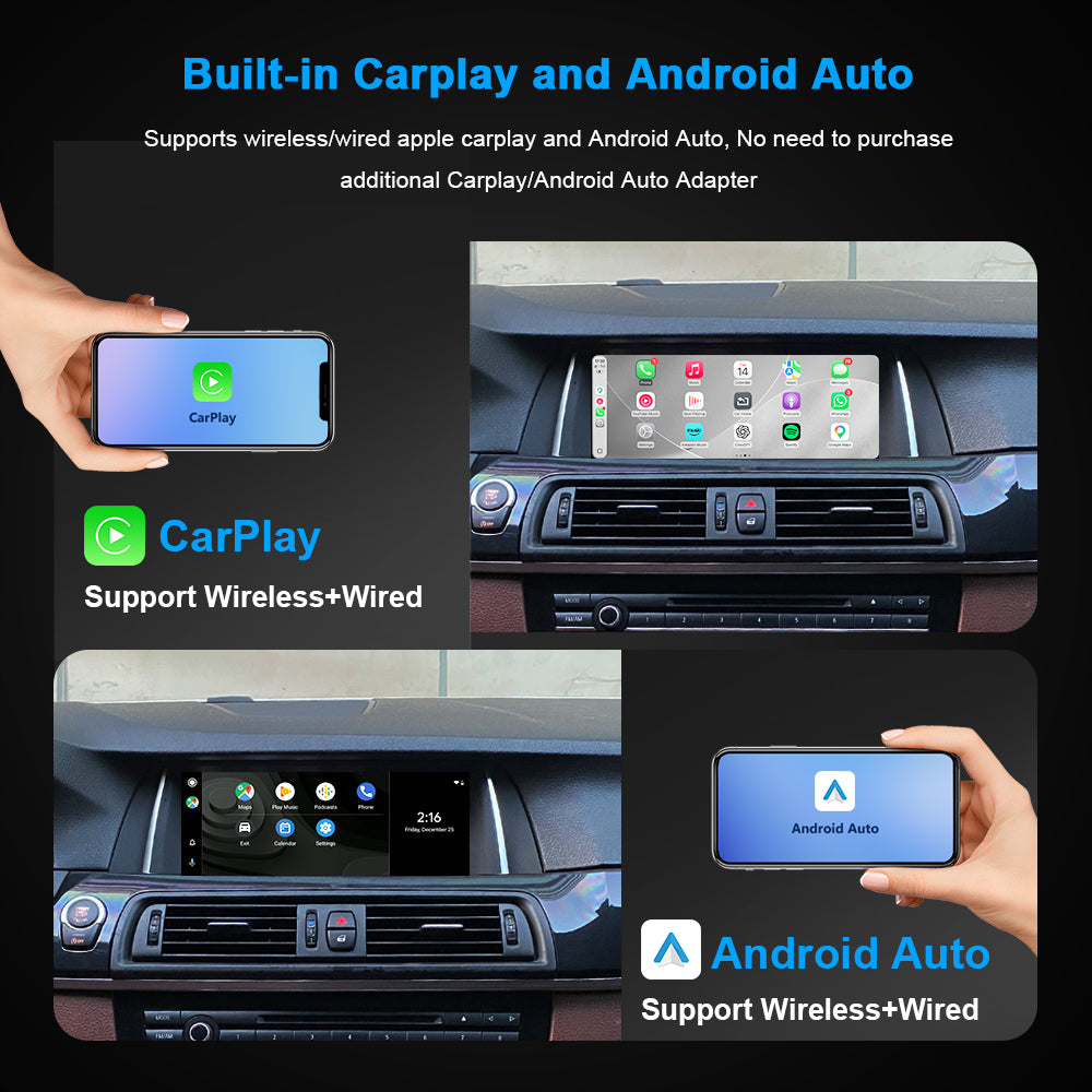 PEMP retrofit screen for BMW F10: Built-in wireless/wired CarPlay & Android Auto.