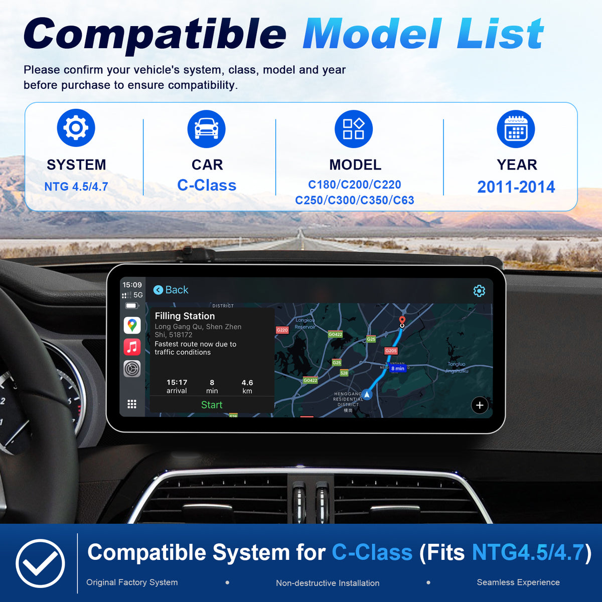 PEMP (SL12) Ultra-Thin 12.3" 1920 x 720 Linux Car Radio Multimedia Screen for 2011-2014 C Class W204 NTG4.5 System, Support Wireless CarPlay Android Auto Use OEM BT Calls Music