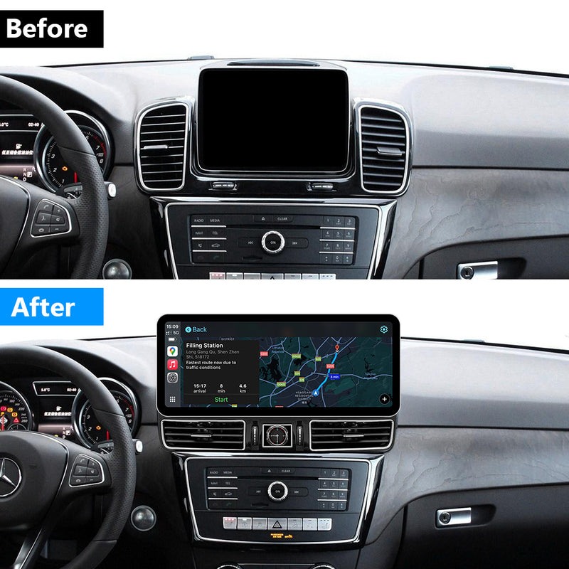 Mercedes dashboard before and after upgrade with floating touchscreen car stereo and navigation