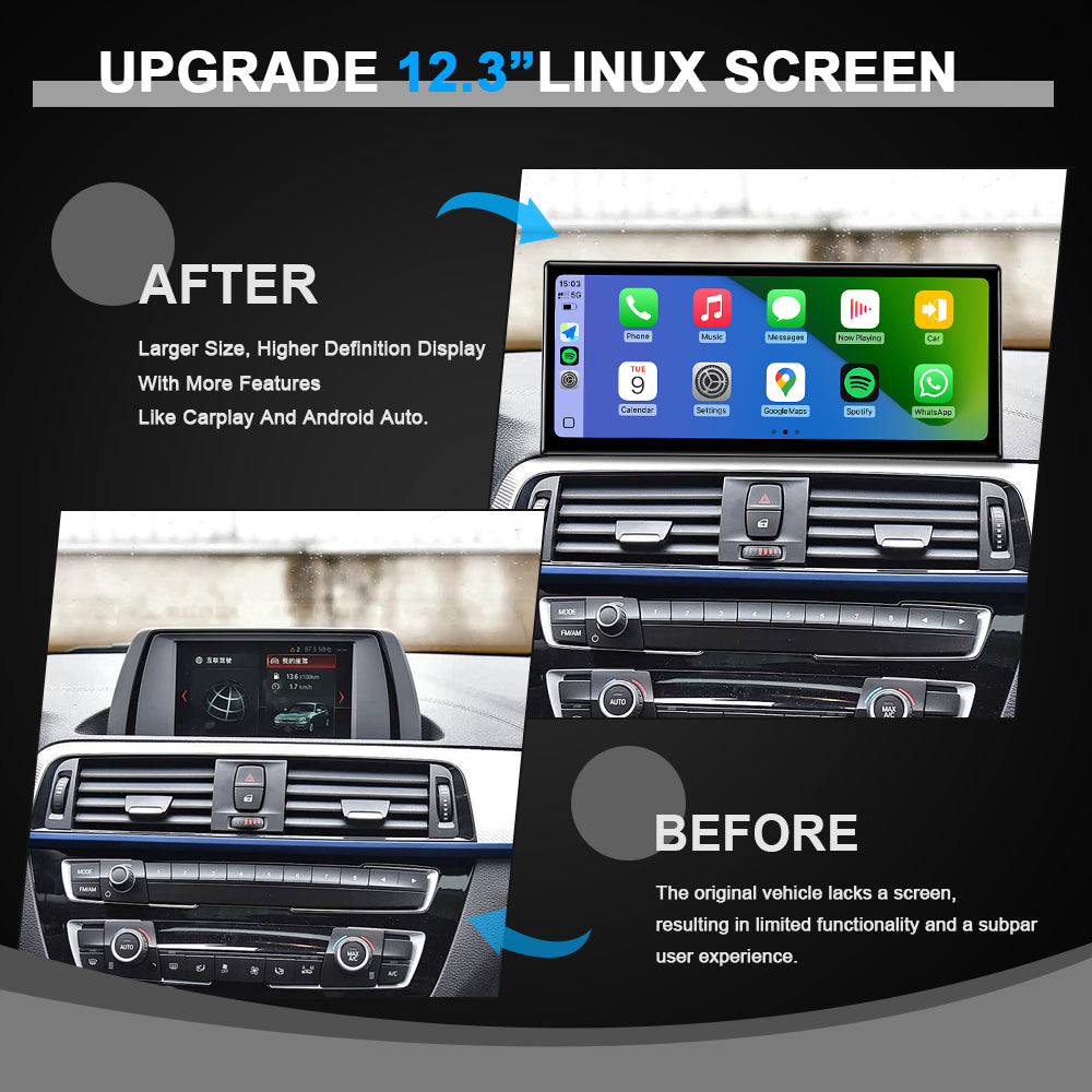 BMW F20/F22/F23 ultra-thin 12.3" Linux screen upgrade with CarPlay/Android Auto comparison.