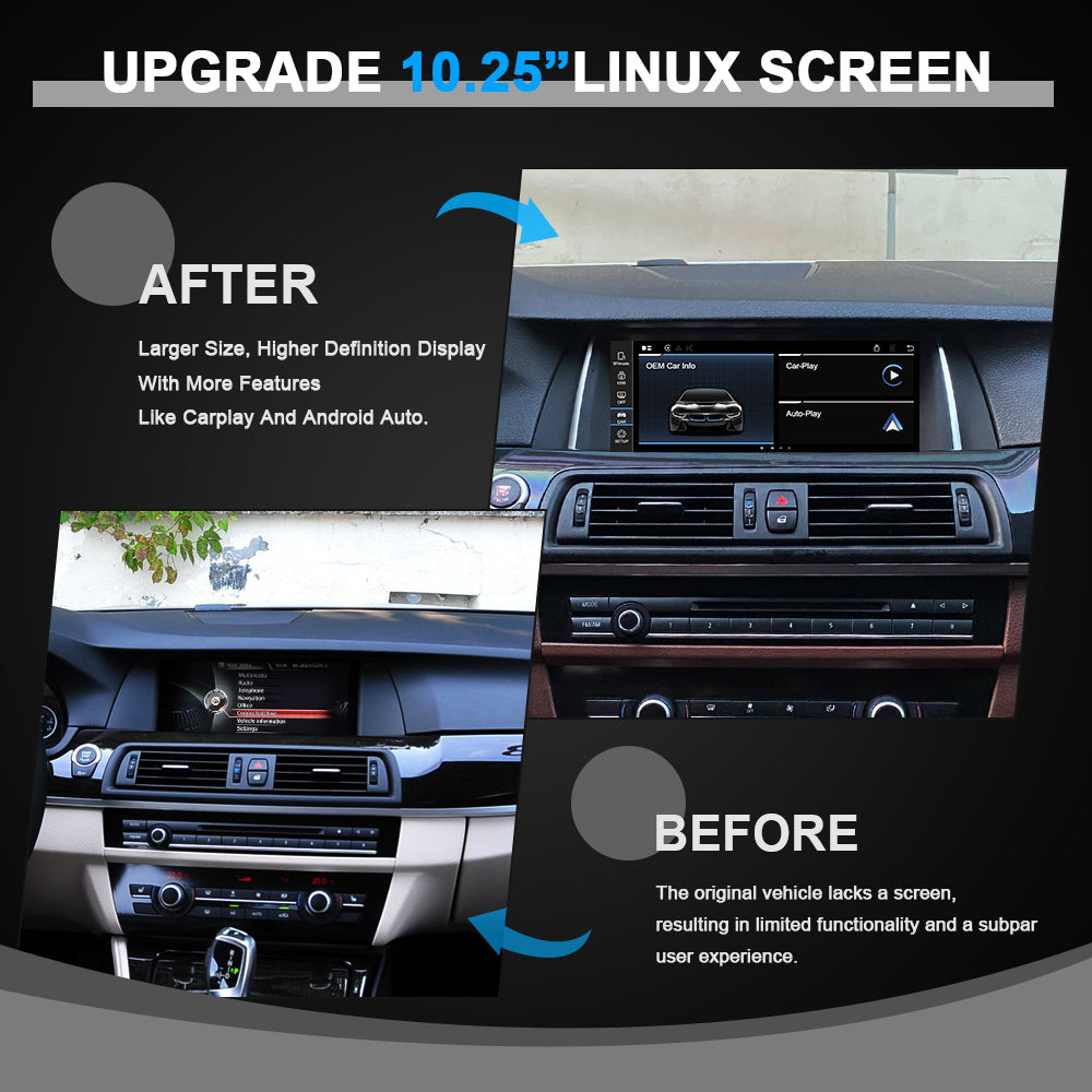 BMW F10 10.25-inch Linux screen upgrade with CarPlay and Android Auto