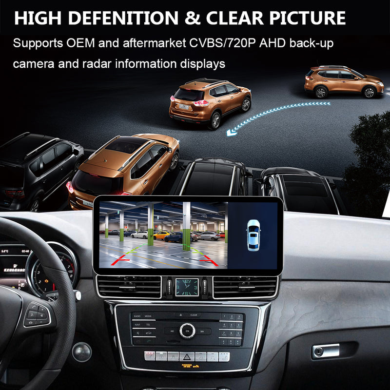 Car rear view camera display with parking guidance and radar information