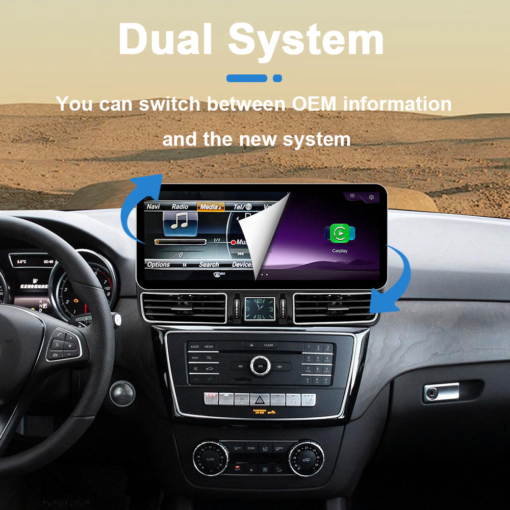 Dual system car infotainment screen with OEM and CarPlay interface in Mercedes dashboard