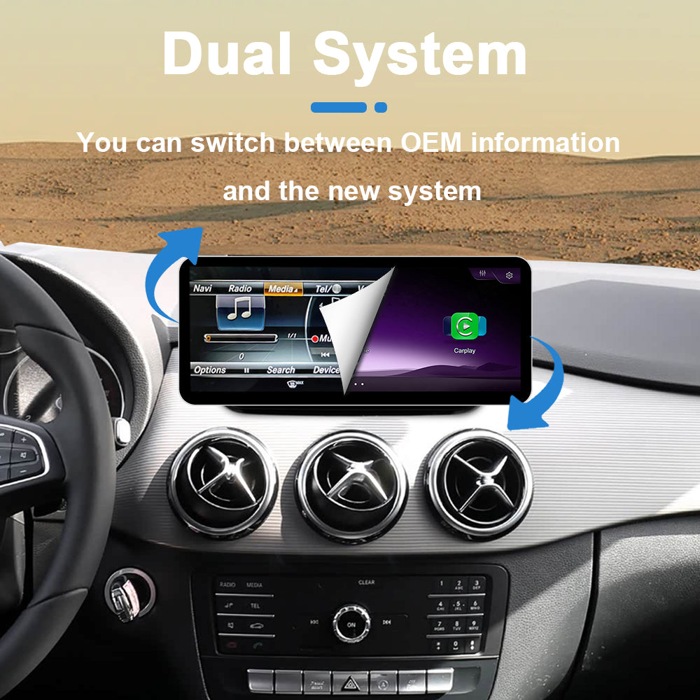 Dual system car infotainment screen showing OEM interface and CarPlay in dashboard